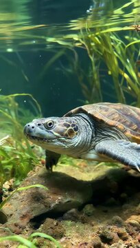 A large Snapping Turtle paddling slowly along a muddy pond floor releasing tiny air bubbles through clear water
