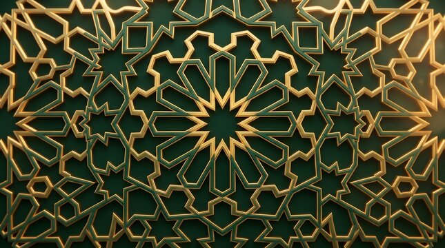 Golden Islamic Geometric Pattern Ornament on Green Background for Eid and Ramadan Celebrations