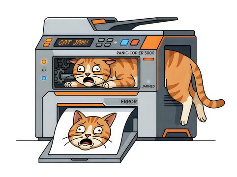 Funny orange cat stuck in printer with error message illustration