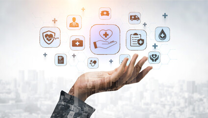 Digital Healthcare Innovation Concept with Virtual Health Icons and Hand Gesture Over Urban City Background. Bitwise. © InfiniteFlow