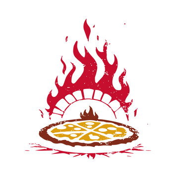 Hot Pizza with Flames Fire Fast Food Restaurant Graphic Grunge Vector Illustration Isolated on Transparent Background