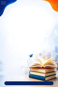 Open book with glowing pages on stack of books