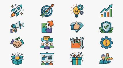 Fototapeta premium Elegant Colorful Business and Marketing Strategy Icons Set with Flat Design Illustrations Featuring Launch Target Growth Communication and Success Elements