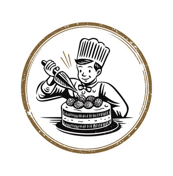 Pastry Chef Decorating Cake with Berries Vintage Bakery Cooking Illustration Badge Vector Isolated on Transparent Background