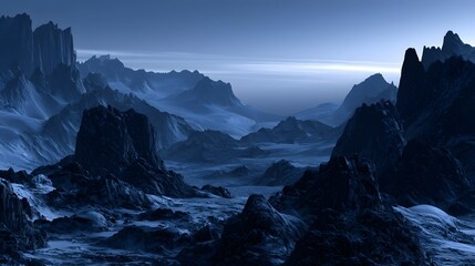 Fototapeta premium Sweeping view of a jagged glacial valley at twilight with cold silver highlights