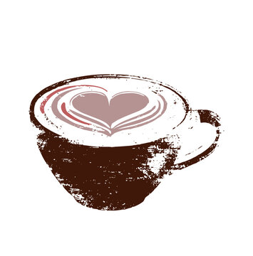Coffee Cup with Heart Latte Art Vintage Grunge Cafe Cappuccino Espresso Vector Illustration Isolated on Transparent Background