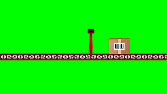 Automated package on a conveyor belt with a scanner, ready for shipping and delivery in a logistics and distribution center
