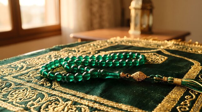 Green tasbih prayer beads on ornate rug in sunny interior.