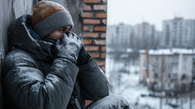 Ai Person sitting in a ruined snowy building wearing coat and hat during winter season