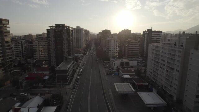 Aerial View Of An Urban Corridor And High Rises In Santiago At Dusk 