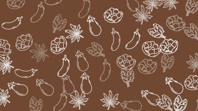 plain color background White line art patterns of small eggplants and star anise flowers, perfect for kitchen decor, recipe cards, fabric designs, and branding.