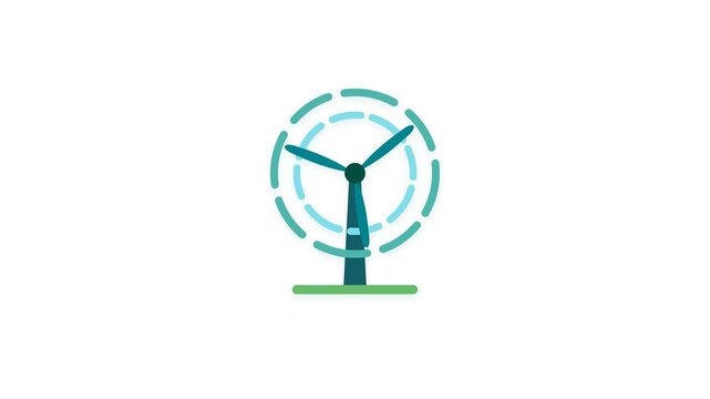 Minimalist teal wind turbine spinning in clean flat design animation for renewable energy b-roll