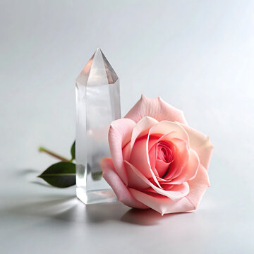 A beautiful soft pink rose flower placed next to a clear polished quartz crystal point on white