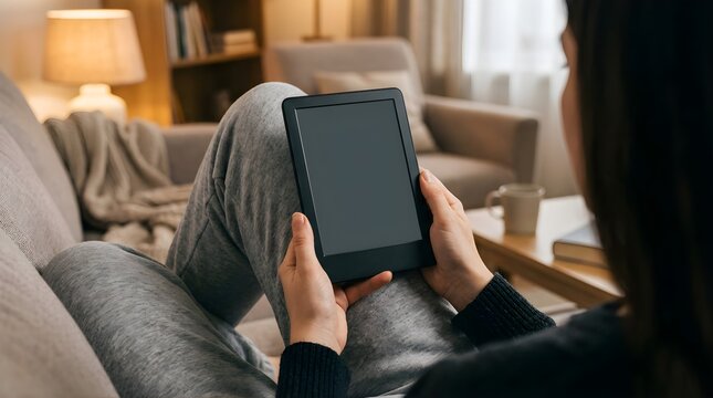 Woman holding electronic book reader on sofa at home for cozy reading