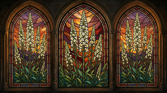 White lupine flowers depicted in intricate cathedral stained glass windows featuring vibrant sunset orange sky hues
