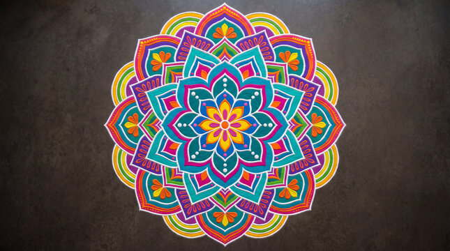 Bright and colorful traditional Indian rangoli mandala design decorating a dark floor for Diwali festival.