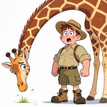 Amazed young zoo keeper stands in awe as gigantic giraffe bends towards him on a light background.