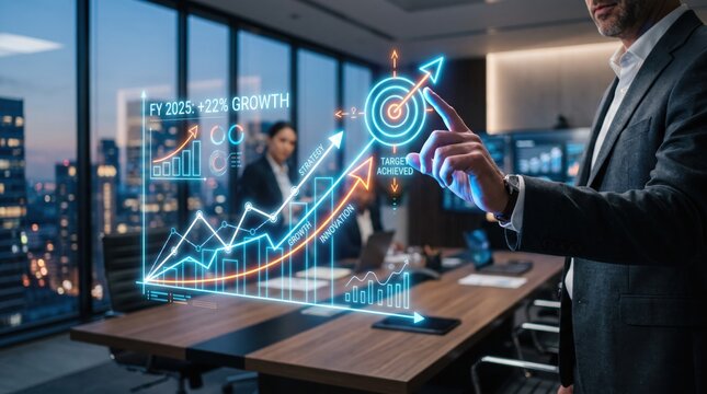 Executive interacting with holographic growth chart showing target achieved and innovation strategy, visualizing financial success and future business planning goals.