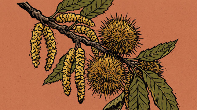 Detailed chestnut tree branch featuring spiky burrs and yellow catkins captured in a flat graphic style