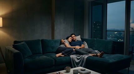 Fototapeta premium Young couple sleeping together on a comfortable sofa in a cozy apartment