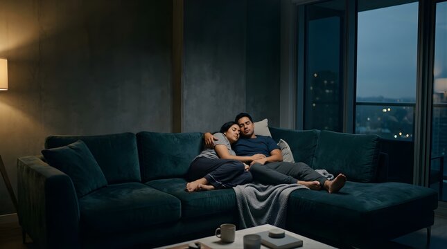 Young couple sleeping together on a comfortable sofa in a cozy apartment