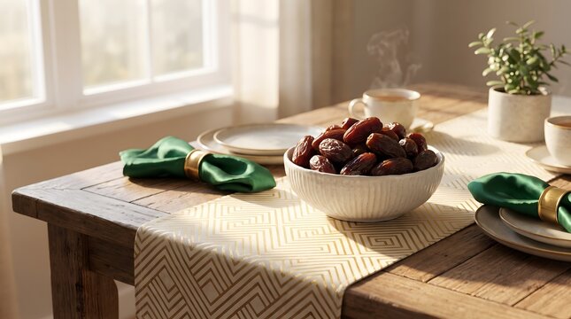 Dried date fruits in bowl on sunlit wooden table with tea