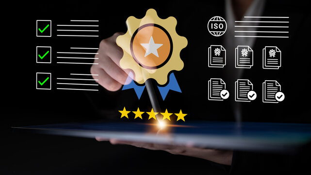 This image showcases a professional quality assurance process emphasizing certification with checklists and five-star ratings, symbolizing commitment to excellence and reliability. Cyphers