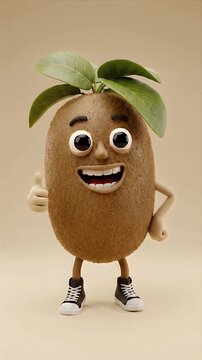 Animated Happy Kiwi Character Posing Thumbs Up and Hands on Hips