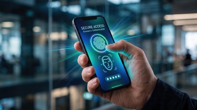Hand holding smartphone with secure access biometric authentication, fingerprint and face ID scan, cyber security, mobile privacy protection concept.