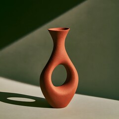 Fototapeta premium Terracotta sculptural vase on sage green background with hard shadow