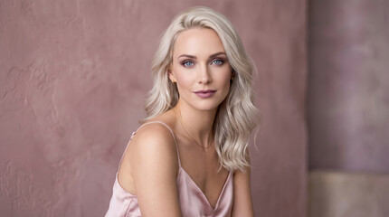 Fototapeta premium Blonde woman with wavy hair posing in a soft pink satin top against a textured mauve wall background.