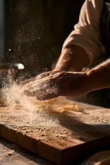 Fototapeta premium Handmade pasta mid-preparation with dusted semolina flour
