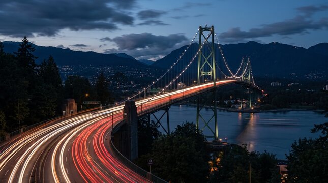 Lions Gate Bridge with Traffic Light Trails at Dusk in Vancouver
