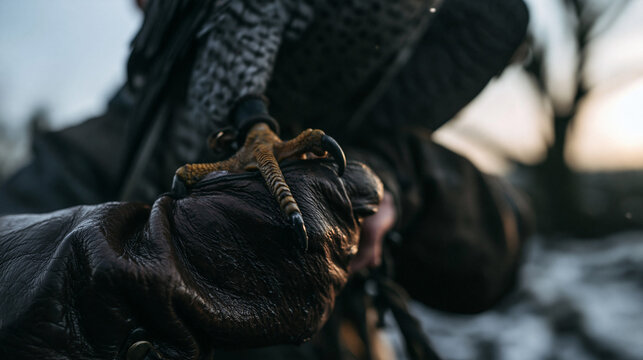 Close Up of Falcon Talon Resting on Falconer Leather Glove