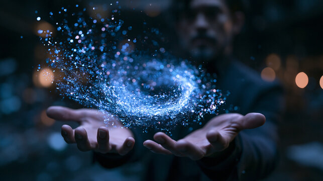 Businessman Holding Glowing Digital Energy Swirl in Hands