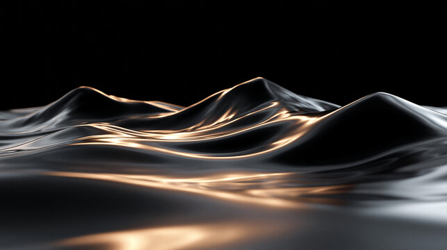 Abstract Dark Wavy Liquid Surface with Golden Light Highlights