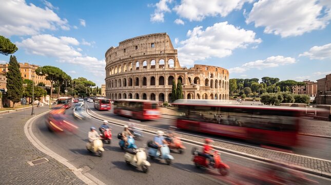 Colosseum in Rome with Traffic and Scooters