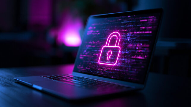 Laptop Displaying Glowing Neon Padlock for Data Security