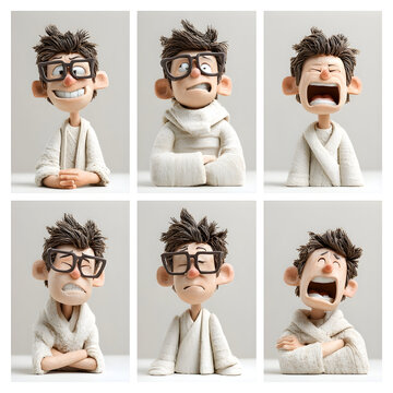 Cartoon character man in glasses displaying a full spectrum of emotions, including joy, confusion, anger, tiredness, sadness, and frustration, perfectly capturing diverse human reactions