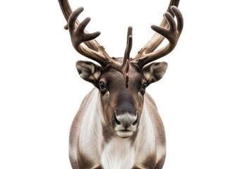 Fototapeta premium Majestic Reindeer with Large Antlers Isolated on White Background - Front View Portrait of a Caribou