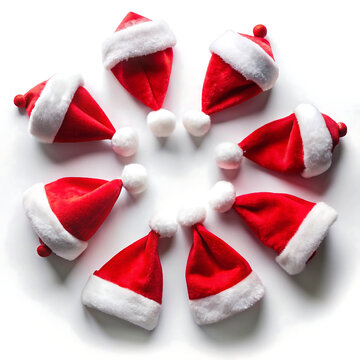 A circular arrangement of multiple red santa claus hats isolated on a clean white background