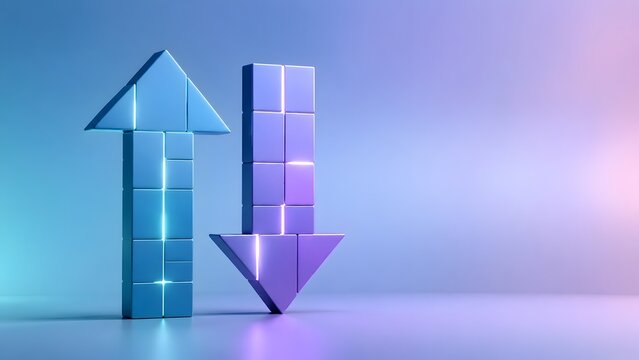 3D blue upward and purple downward arrows made of digital blocks representing data transfer financial volatility and stock market trends