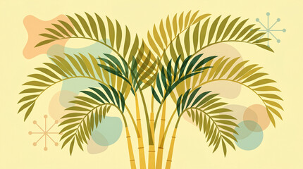 Naklejka premium Tropical palm tree illustration featuring retro midcentury modern abstract shapes and soft pastel color palette design