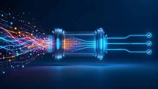 Futuristic glass cylinder filtering chaotic data streams into organized verified lines symbolizing digital transformation and data processing