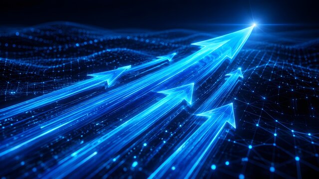 Fast glowing blue arrows moving upward and forward over a digital terrain representing rapid business growth and technological success
