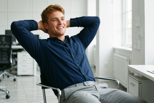 A young man in a modern office leans back in a chair, smiling contentedly with his hands behind his head, exuding a sense of comfort and satisfaction.
