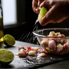Fototapeta premium Close-up of lime juice squeezed over fresh ceviche