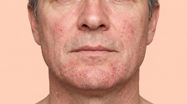 Close up of male lower face showing severe redness and rosacea symptoms on cheeks and chin