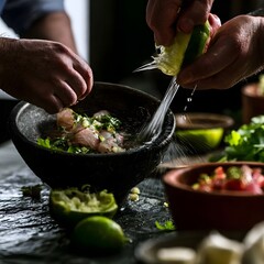 Fototapeta premium Preparing raw fish ceviche with fresh lime juice