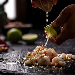 Fototapeta premium Peruvian ceviche preparation with dark moody lighting